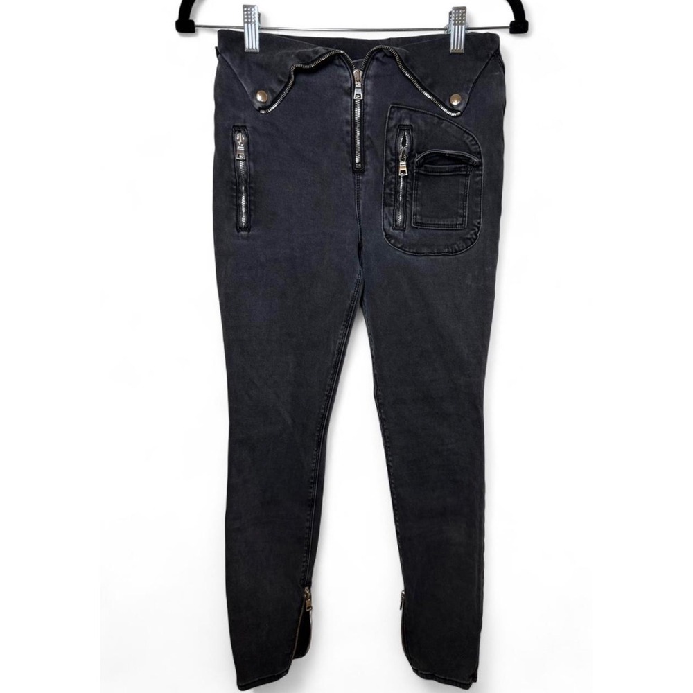 RtA Black Moto Zip Foldover Waist Skinny Jeans Size 26 Edgy Punk Rock Streetwear